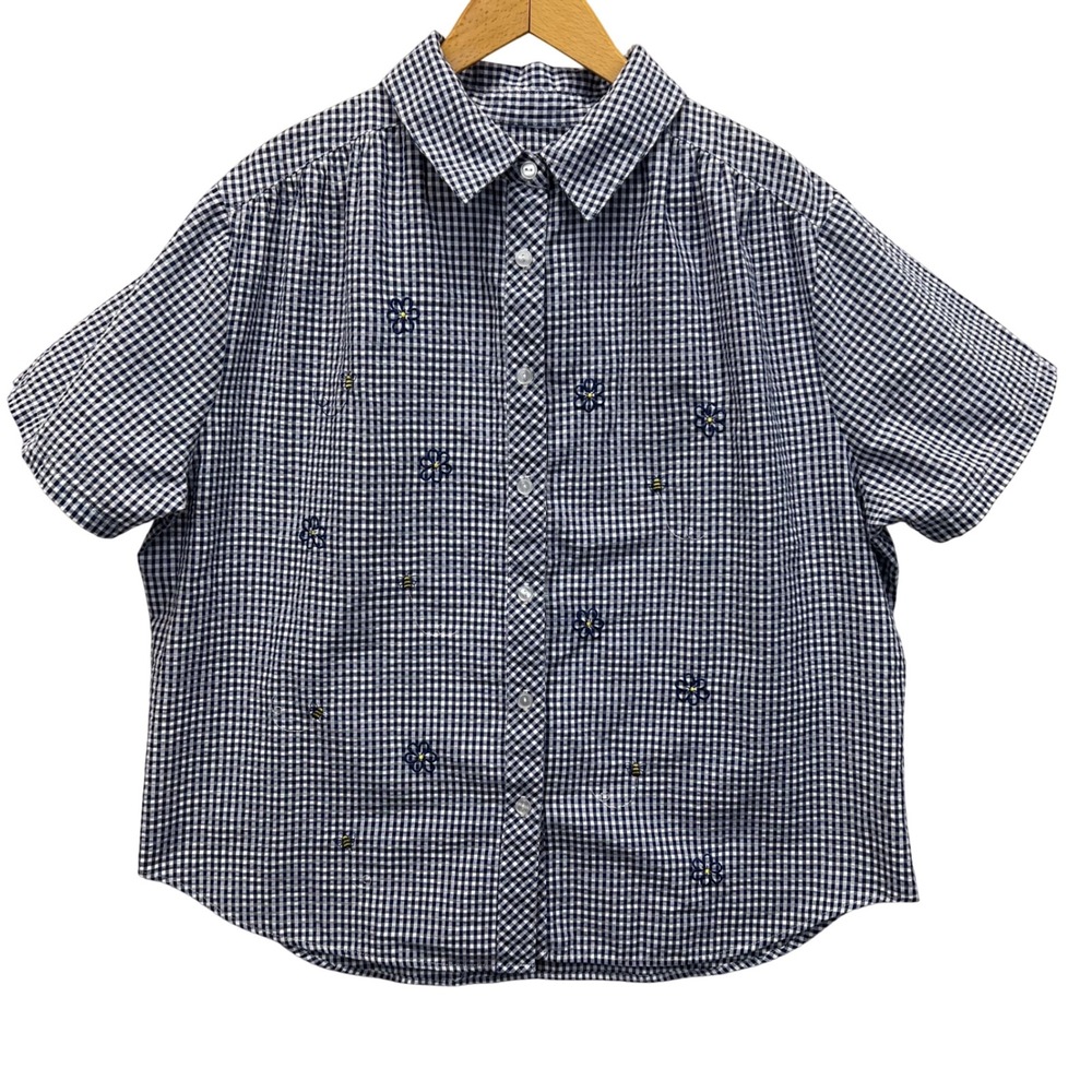 Gingham Seersucker Embroidered Floral Bee Shirt Womens XL Navy Button Down Read
